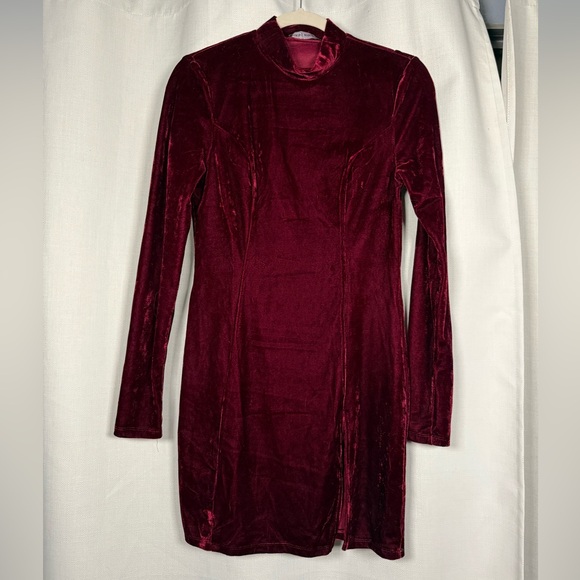 Naked Wardrobe Maroon Burgundy Velvet Long Sleeve Mini Dress Small - Picture 3 of 8